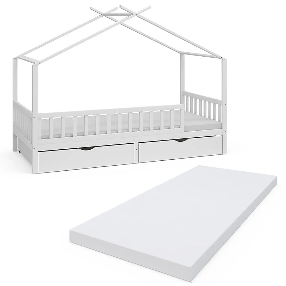 Vitalispa Lit cabane Blanc 90x200 cm avec 2 tiroirs et matelas>Vitalispa® Online