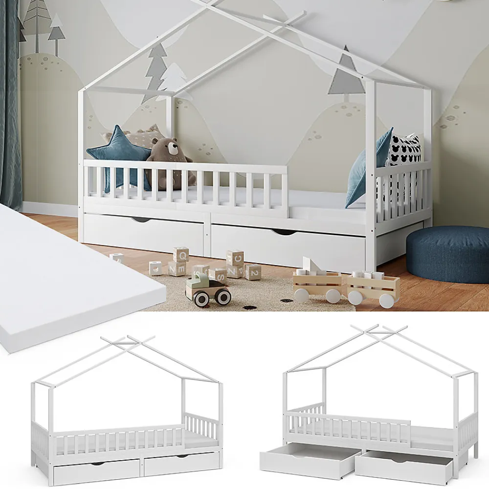 Vitalispa Lit cabane Blanc 90x200 cm avec 2 tiroirs et matelas>Vitalispa® Online