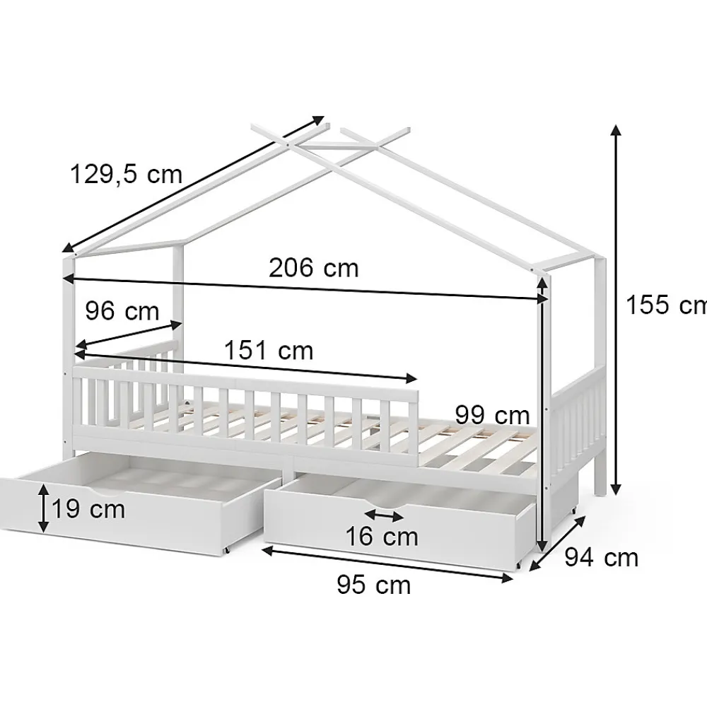 Vitalispa Lit cabane Blanc 90x200 cm avec 2 tiroirs et matelas>Vitalispa® Online