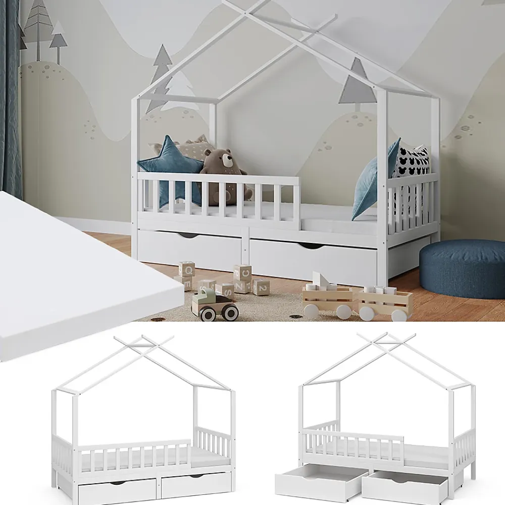 Vitalispa® Vitalispa Lit cabane Blanc 80x160 cm avec 2 tiroirs et matelas*Enfant Lit Enfant