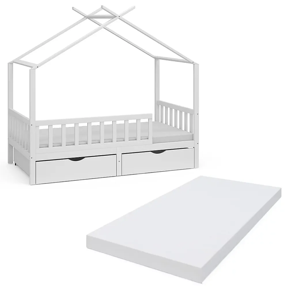 Vitalispa® Vitalispa Lit cabane Blanc 80x160 cm avec 2 tiroirs et matelas*Enfant Lit Enfant