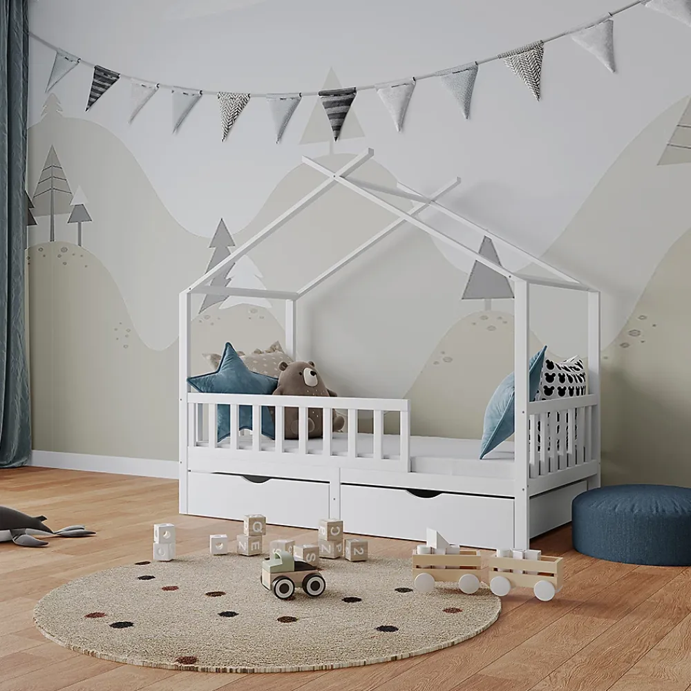 Vitalispa® Vitalispa Lit cabane Blanc 80x160 cm avec 2 tiroirs et matelas*Enfant Lit Enfant