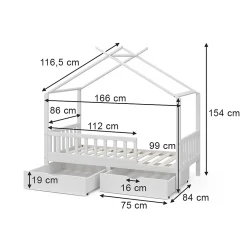 Vitalispa® Vitalispa Lit cabane Blanc 80x160 cm avec 2 tiroirs et matelas*Enfant Lit Enfant