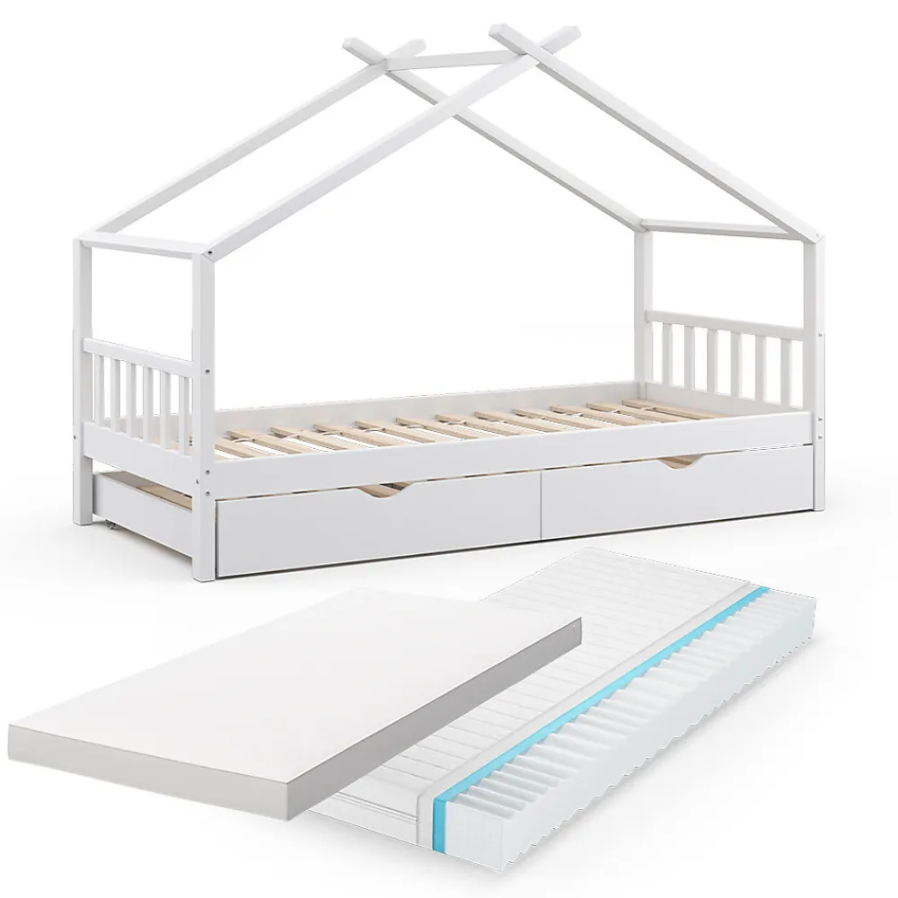 Vitalispa Lit cabane Blanc 90x200 cm avec lit dappoint et 2 matelas>Vitalispa®