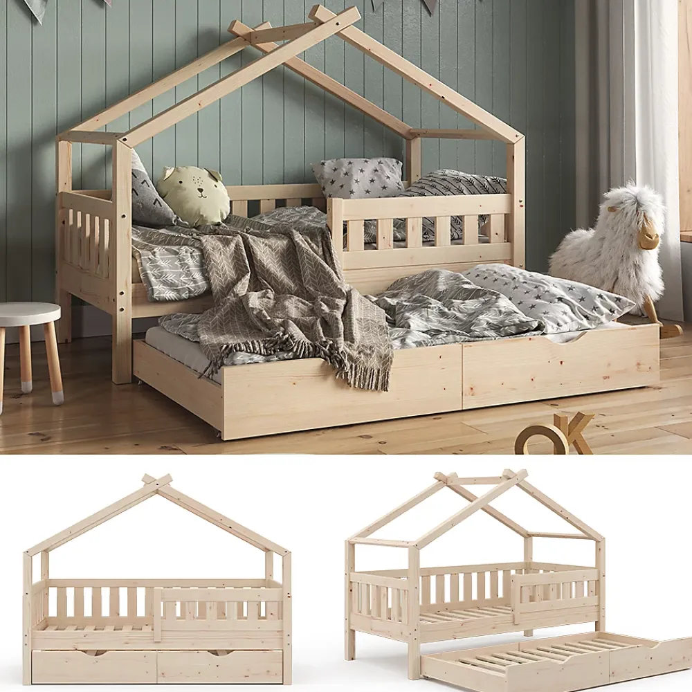 Vitalispa® Vitalispa Lit cabane Naturel bois 80x160 cm avec lit dappoint*Enfant Lit Enfant