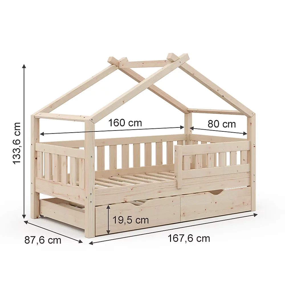 Vitalispa® Vitalispa Lit cabane Naturel bois 80x160 cm avec lit dappoint*Enfant Lit Enfant