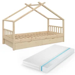 Vitalispa® Vitalispa Lit cabane Naturel bois 90x200 cm avec 2 tiroirs et matelas*Enfant Lit Enfant