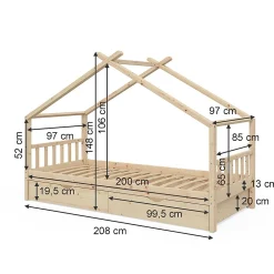 Vitalispa® Vitalispa Lit cabane Naturel bois 90x200 cm avec 2 tiroirs et matelas*Enfant Lit Enfant