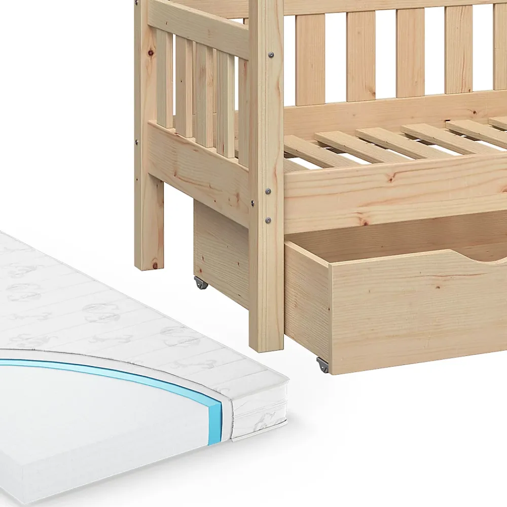 Vitalispa® Vitalispa Lit cabane Naturel bois 70x140 cm avec tiroir et matelas*Enfant Lit Enfant