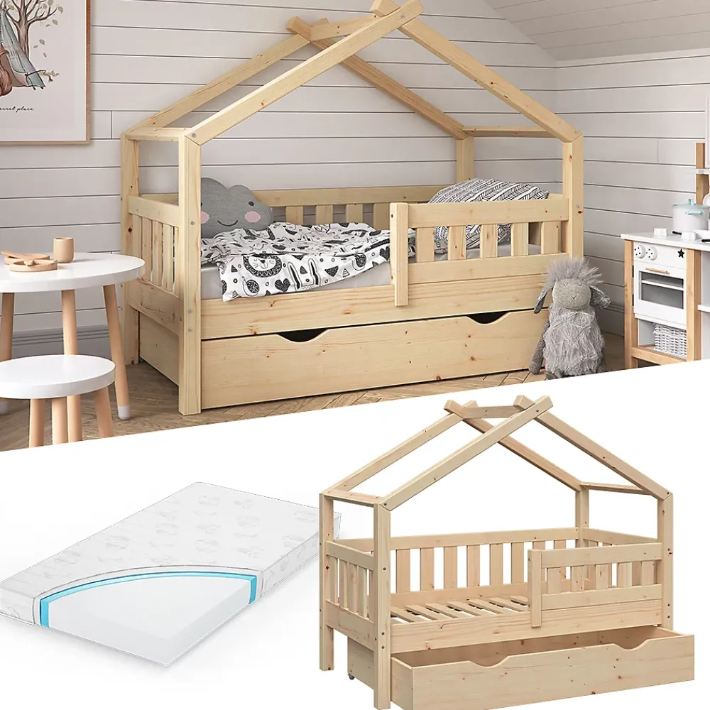 Vitalispa® Vitalispa Lit cabane Naturel bois 70x140 cm avec tiroir et matelas*Enfant Lit Enfant