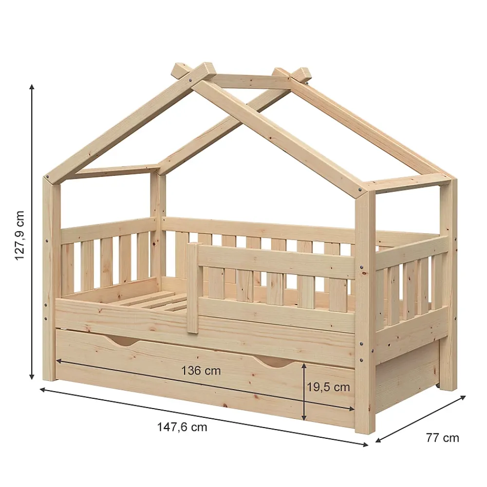 Vitalispa® Vitalispa Lit cabane Naturel bois 70x140 cm avec tiroir et matelas*Enfant Lit Enfant