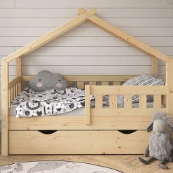 Vitalispa® Vitalispa Lit cabane Naturel bois 70x140 cm avec tiroir et matelas*Enfant Lit Enfant