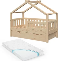 Vitalispa® Vitalispa Lit cabane Naturel bois 70x140 cm avec tiroir et matelas*Enfant Lit Enfant