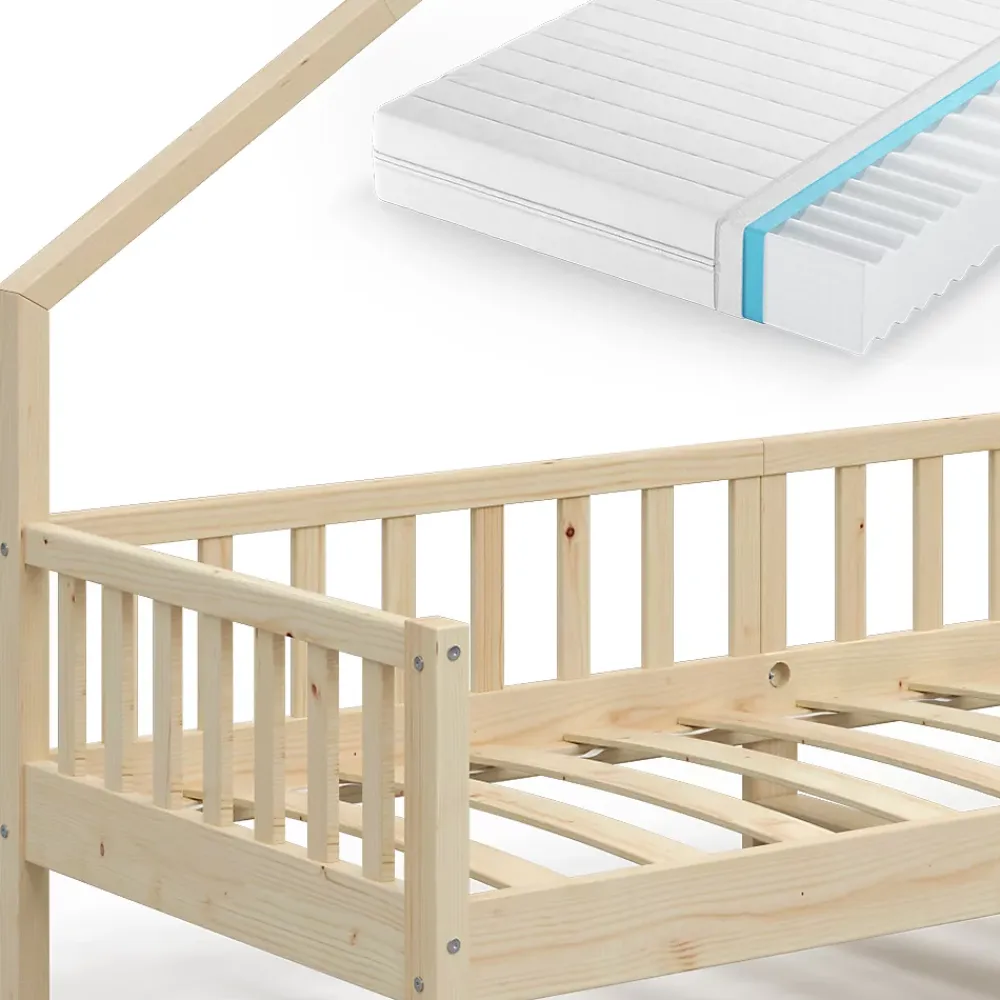 Vitalispa® Vitalispa Lit cabane Naturel bois 90x200 cm avec matelas*Enfant Lit Enfant