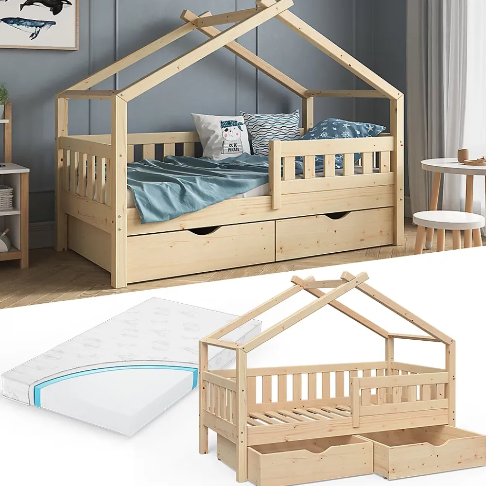 Vitalispa® Vitalispa Lit cabane Naturel bois 80x160 cm avec 2 tiroirs et matelas*Enfant Lit Enfant