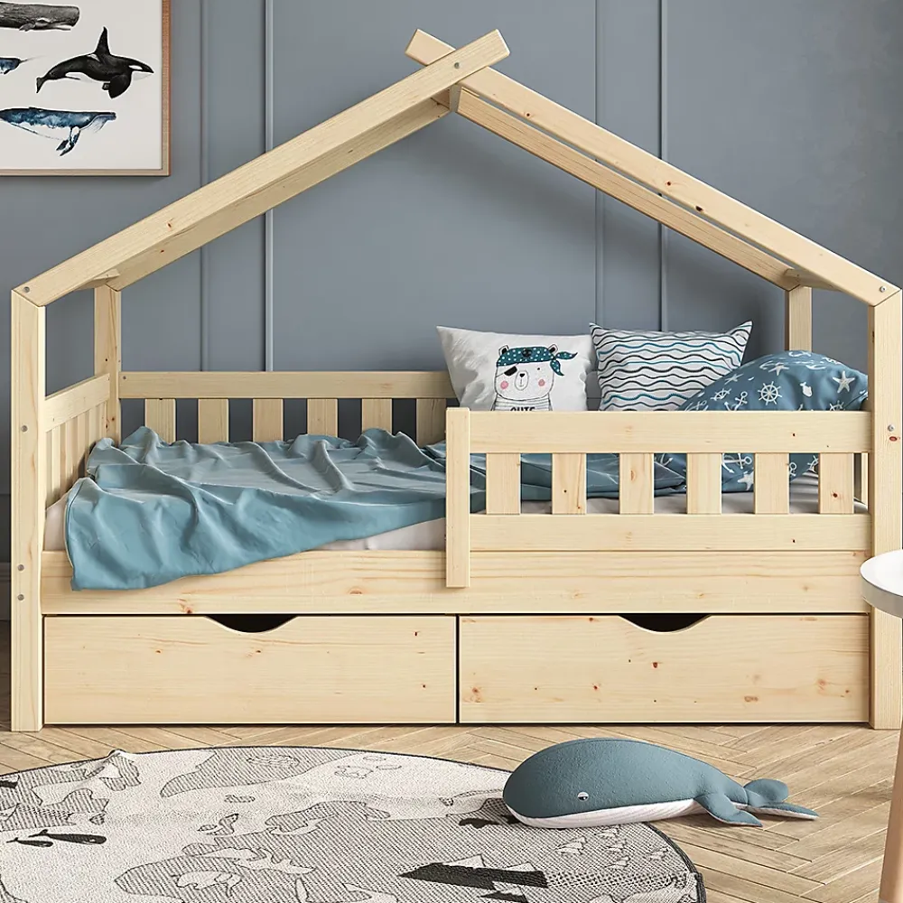 Vitalispa® Vitalispa Lit cabane Naturel bois 80x160 cm avec 2 tiroirs et matelas*Enfant Lit Enfant