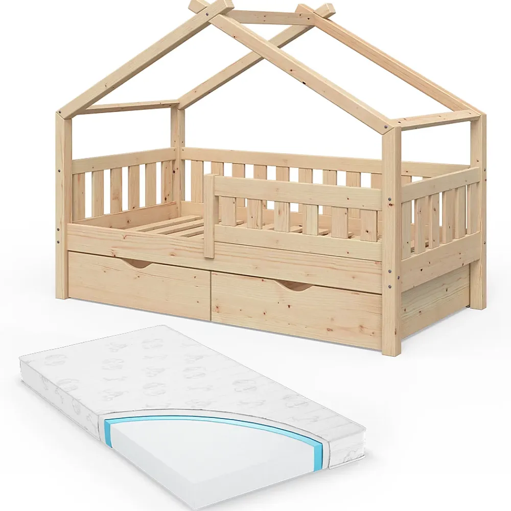 Vitalispa® Vitalispa Lit cabane Naturel bois 80x160 cm avec 2 tiroirs et matelas*Enfant Lit Enfant