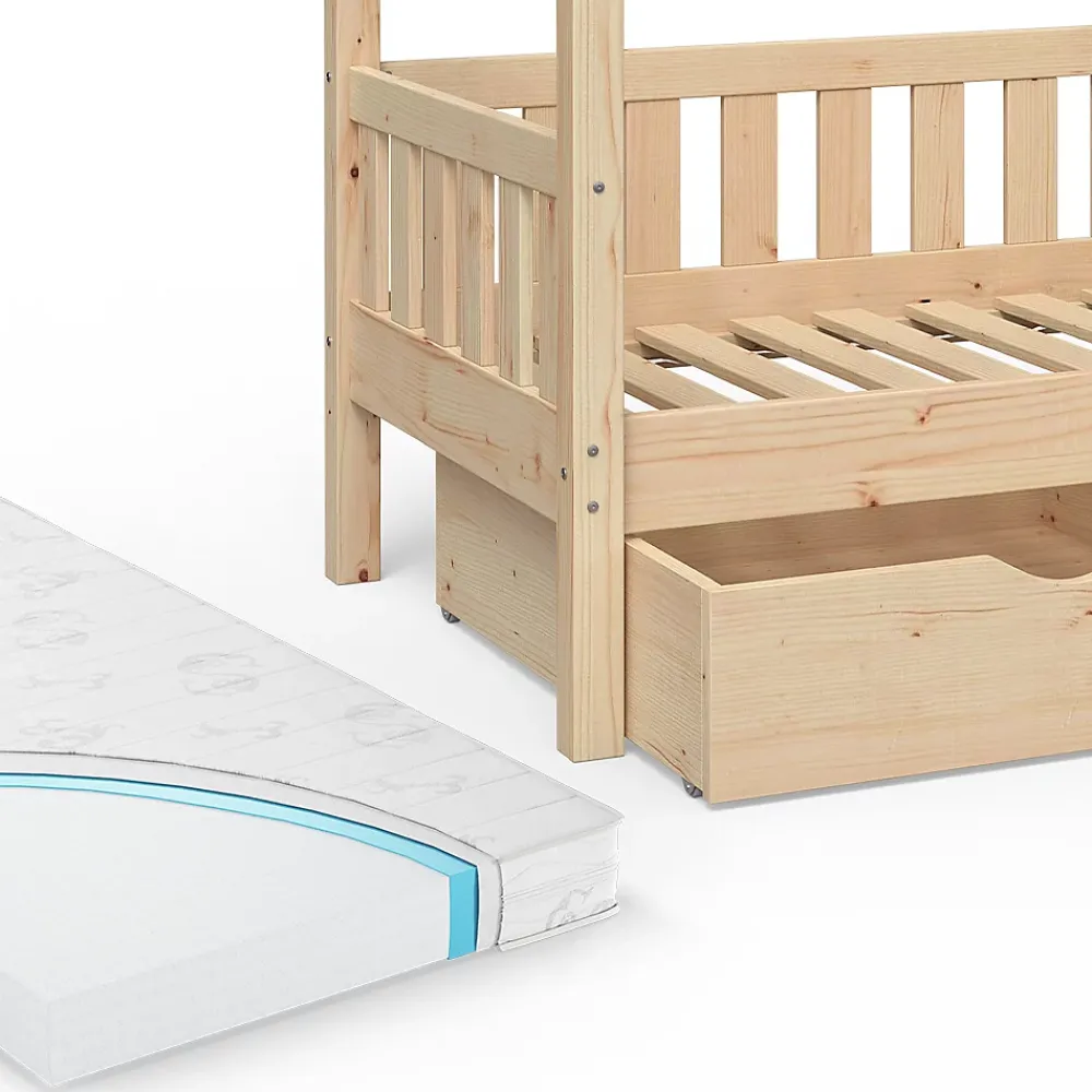 Vitalispa® Vitalispa Lit cabane Naturel bois 80x160 cm avec 2 tiroirs et matelas*Enfant Lit Enfant