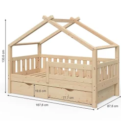Vitalispa® Vitalispa Lit cabane Naturel bois 80x160 cm avec 2 tiroirs et matelas*Enfant Lit Enfant