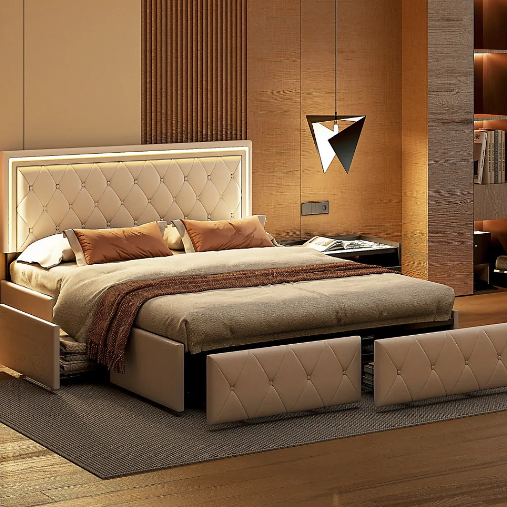 Fortuna lai 140X200MM Lit d'ameublement avec fonction de chargement USB et partie de tête LED et 4 tiroirs,sans matelas* Lit Coffre