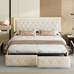Fortuna lai 140X200MM Lit d'ameublement avec fonction de chargement USB et partie de tête LED et 4 tiroirs,sans matelas* Lit Coffre