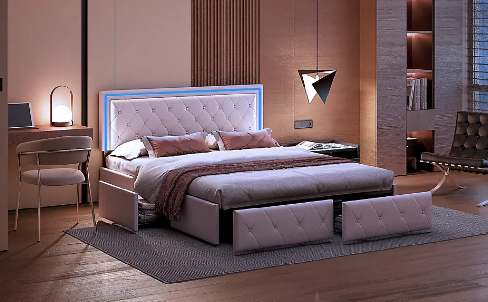 Fortuna lai 140X200MM Lit d'ameublement avec fonction de chargement USB et partie de tête LED et 4 tiroirs,sans matelas* Lit Coffre