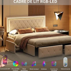 Fortuna lai 140X200MM Lit d'ameublement avec fonction de chargement USB et partie de tête LED et 4 tiroirs,sans matelas* Lit Coffre