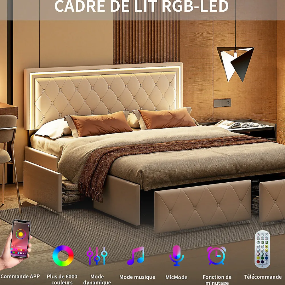 Fortuna lai 140X200MM Lit d'ameublement avec fonction de chargement USB et partie de tête LED et 4 tiroirs,sans matelas* Lit Coffre