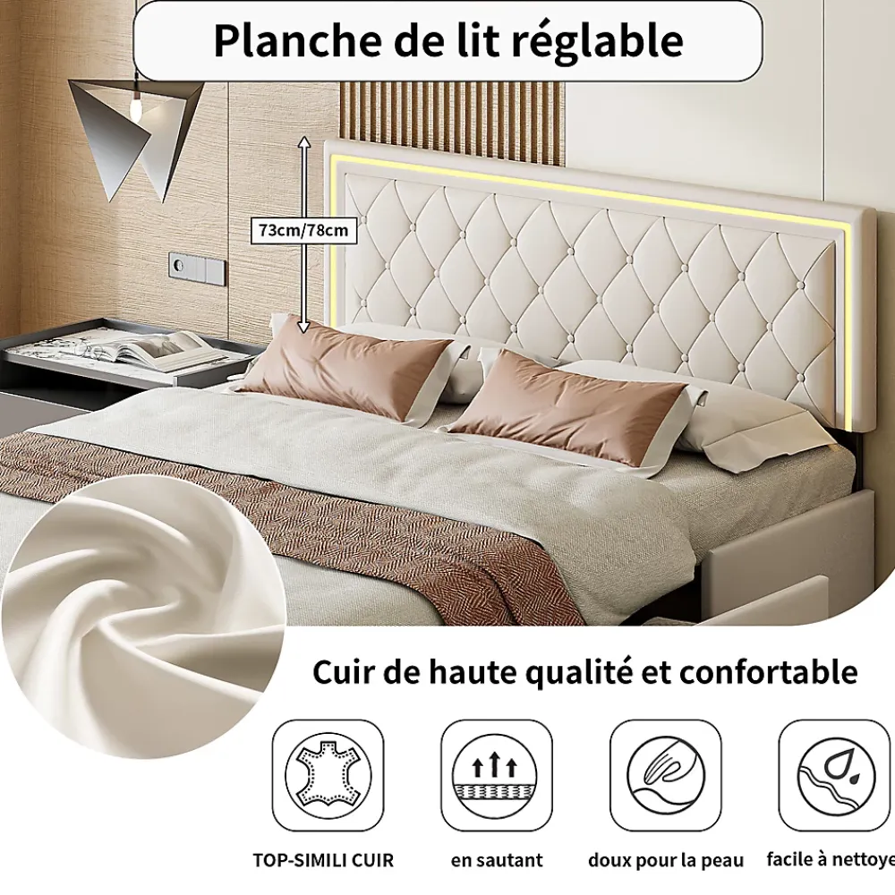 Fortuna lai 140X200MM Lit d'ameublement avec fonction de chargement USB et partie de tête LED et 4 tiroirs,sans matelas* Lit Coffre