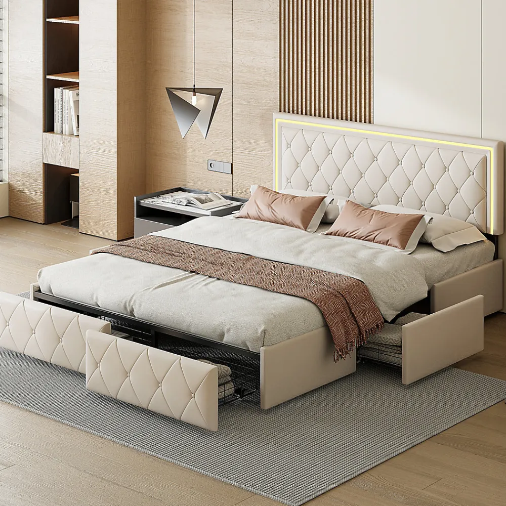 Fortuna lai 140X200MM Lit d'ameublement avec fonction de chargement USB et partie de tête LED et 4 tiroirs,sans matelas* Lit Coffre