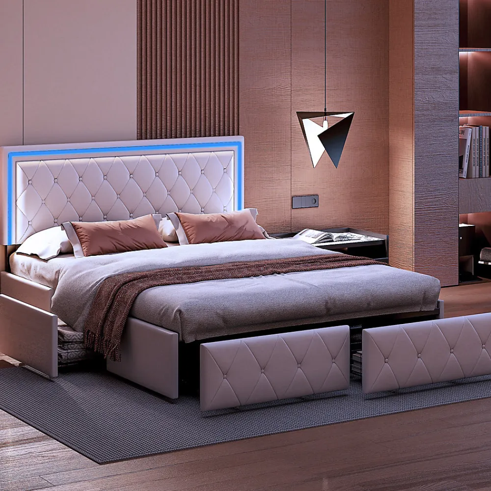 Fortuna lai 140X200MM Lit d'ameublement avec fonction de chargement USB et partie de tête LED et 4 tiroirs,sans matelas* Lit Coffre