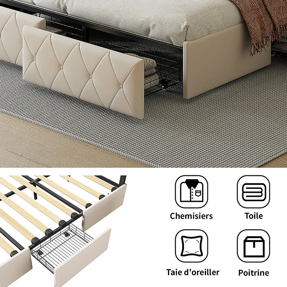Fortuna lai 140X200MM Lit d'ameublement avec fonction de chargement USB et partie de tête LED et 4 tiroirs,sans matelas* Lit Coffre